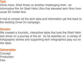Task Once more, Shell threw us another challenging brief - an informative film for Shell Helix Ultra that elevated tech films from usual 3D model fare. It had to contain all the tech data and information yet link back to the existing Drive On campaign. Solution We created a futuristic, interactive table that took the Shell Helix test driver on a journey of the oil. As he watches on, a variety of holographic stories and supporting tech infographics play out on the table. Deliverables Concept Production Film 